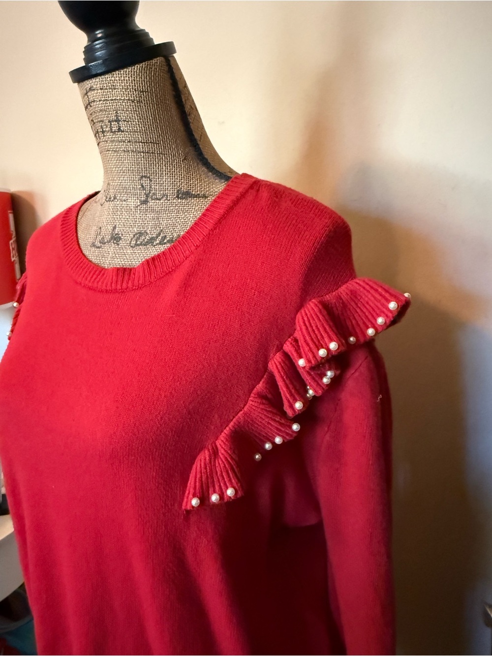 Red Pearl-Trim Ruffle Sweater - Women - Picture 2 of 7